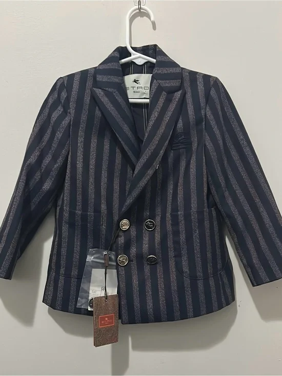 Etro Navy and Silver Striped Double-Breasted Blazer