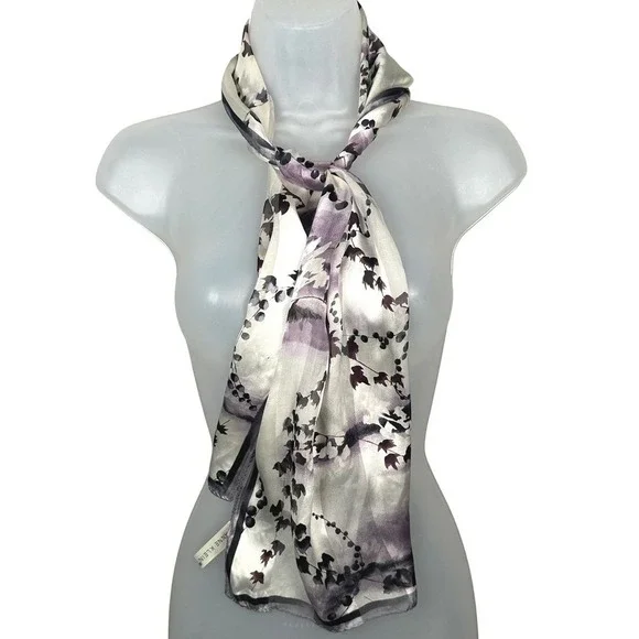 Anne Klein Silk Chiffon Scarf Women's Gray Plum Floral Vine Striped Oblong 52