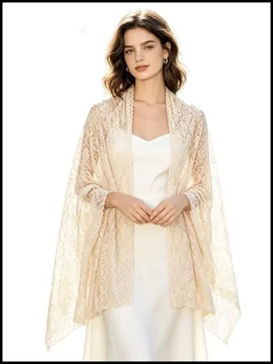 Lace Wrap Shawl Rhinestone Floral Scarf Evening Wedding Cover-Up Lightweight