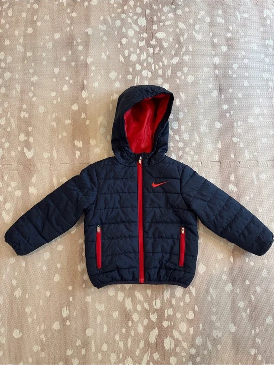 Nike Toddler Boys Puffer Jacket 2T Navy Red Hooded Zip Coat Winter