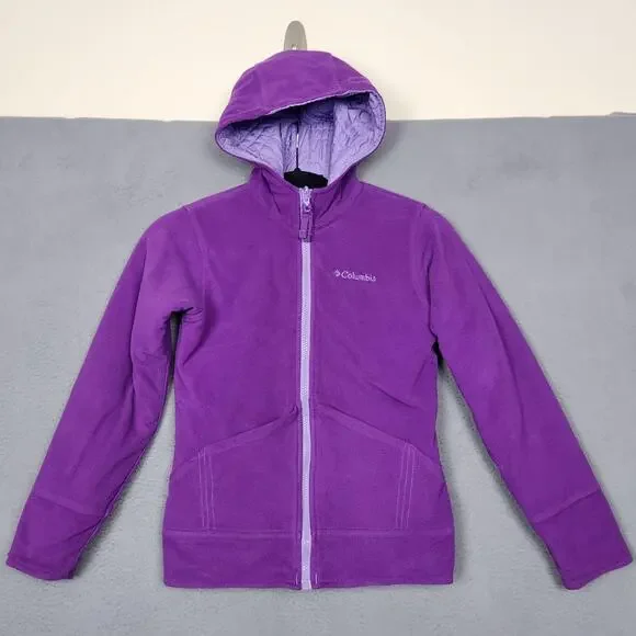 Columbia Jacket Youth 10/12 Purple Reversible Fleece Quilted Hooded Insulated