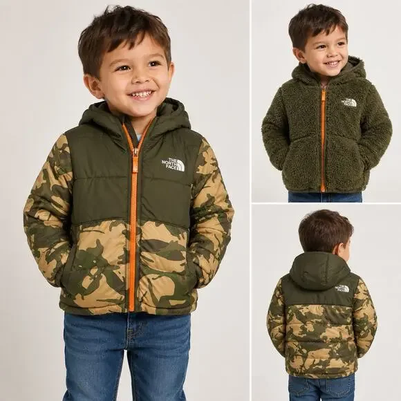 The North Face Toddler 4T Reversible Puffer Jacket Green Camo Fleece Insulated