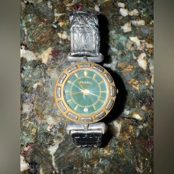 Fossil Watch Womens Stainless Steel Gold Braided Leather Black Strap Green Bezel