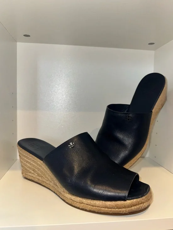 Tory Burch Landon Navy Leather Espadrille Wedge Slide Sandals Size 9