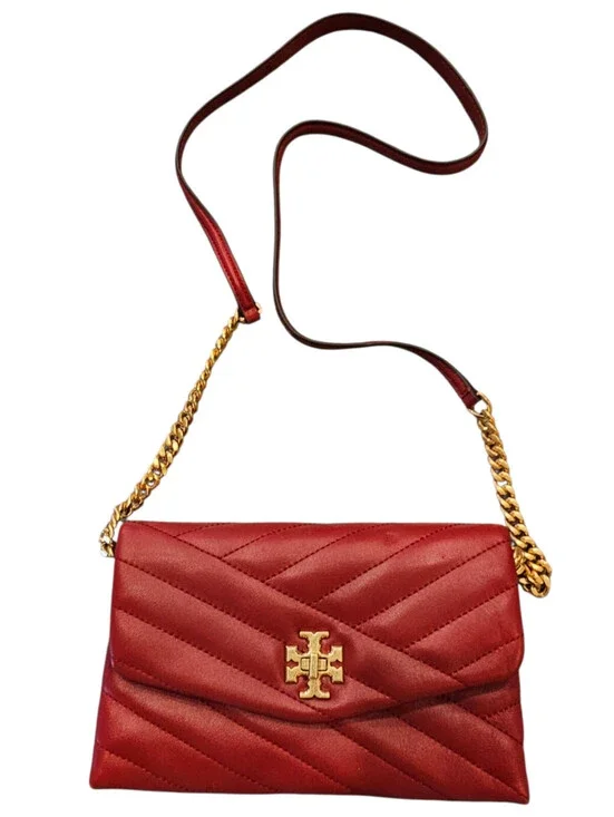 Tory Burch Kira Chevron Chain Wallet Bright Red Leather Gold Bag