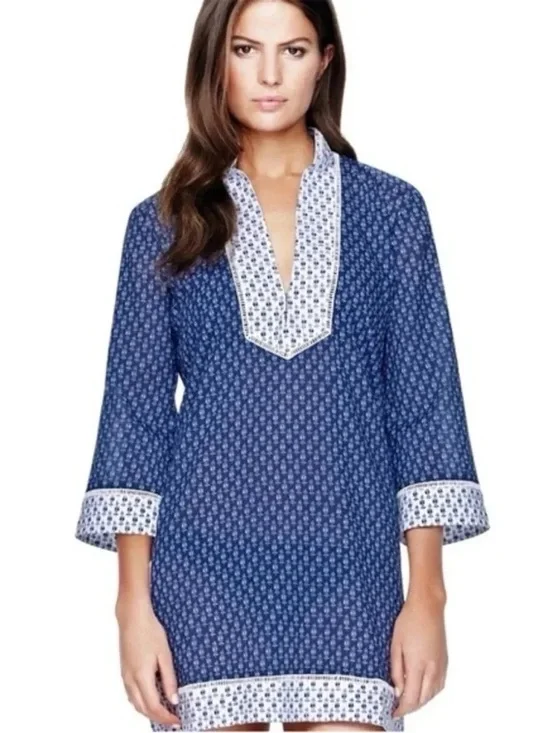 Tory Burch Navy and White Printed Tunic