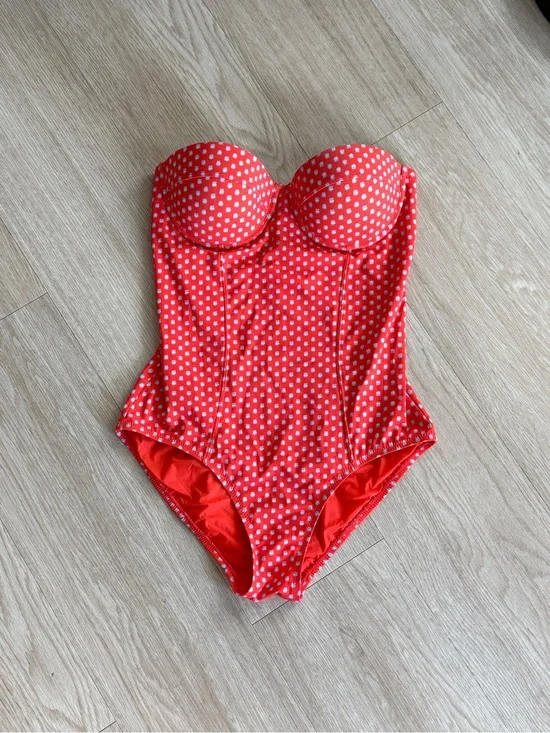 Tory Burch Underwire One-Piece Swimsuit Sz Small Orange Blue Dotted Strapless