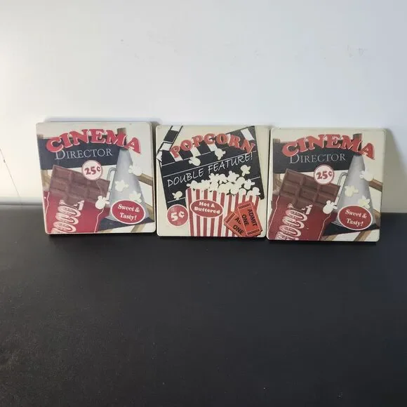 Vintage Retro Movie Night Ceramic Coasters Set of 3 Veronique Charron Cinema