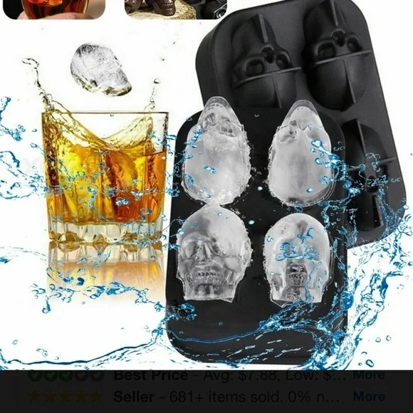 3D Black Skull‎ Ice Cube Tray or Mold Silicone