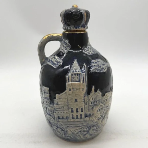 Vintage Japan Cobalt Ceramic Musical Decanter Castle Crown Stopper Gold Trim
