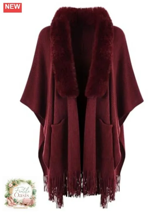 Faux Fur Collar Shawl Poncho Cape with Pockets