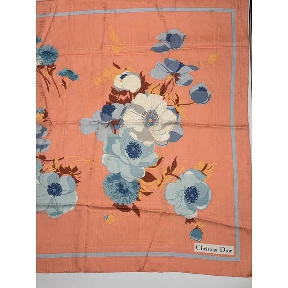 Christian Dior Vintage Silk Scarf Coral Pink Blue Floral Plaid‎ Jacquard 30x30