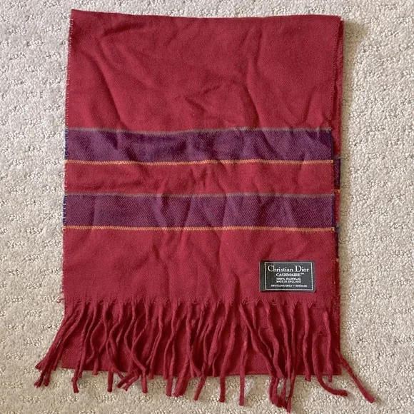 Christian Dior red Cashmaire acrylic scarf, 11'' x 55''.