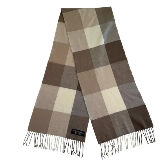 100% Cashmere Wool Plaid Scarf Muffler Tan Brown Scotland