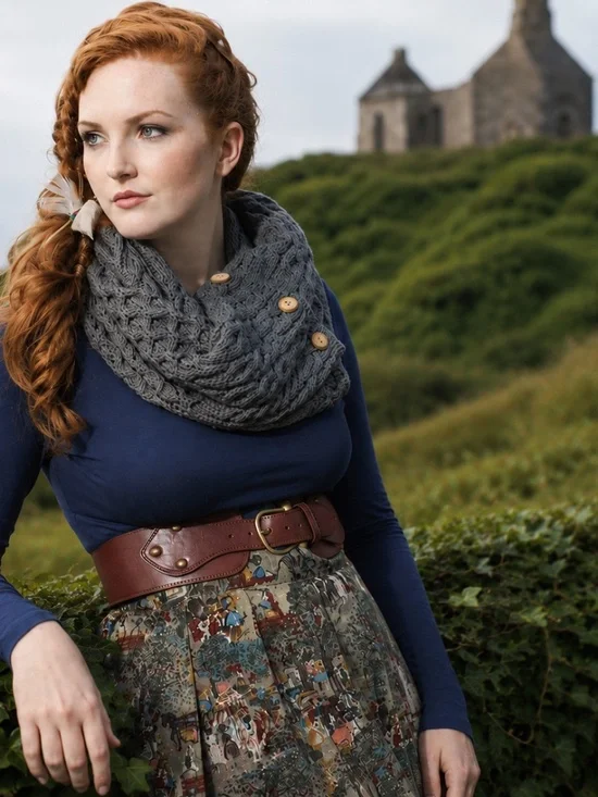 Aran Sweater Market Merino Wool Button Snood Scarf Gray Made in Ireland