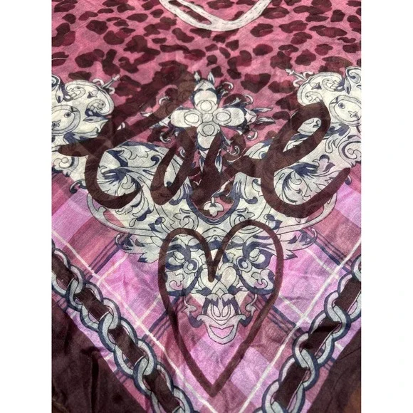 Diwali Paris Love Print Silk Scarf Leopard Heart Chain Pink Purple 37