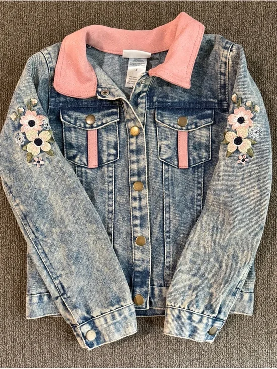 Little Lass Girls Embroidered Denim Jacket | Pink Collar | Size 6