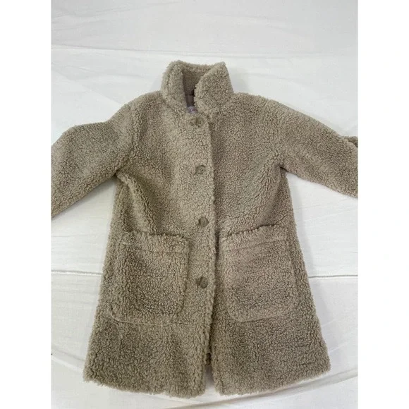 Cat & Jack Girls Tan Sherpa Faux Fur Button Front Teddy Coat Jacket Beige