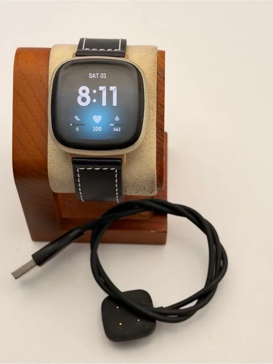 Fitbit Versa 3, Tested, Charger Included, New Leather Band, Gold Case
