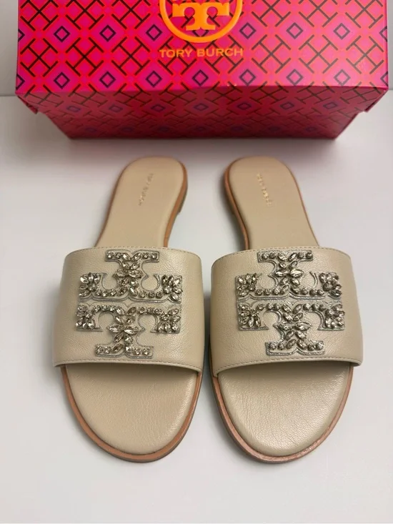 Tory Burch Everly Embellished Slide Sandals Dulce de Leche Crystal Logo Size 7