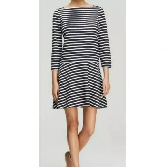 Tory Burch Navy & White Stripe Drop Waist Linen Shift Dress 3/4 Sleeves