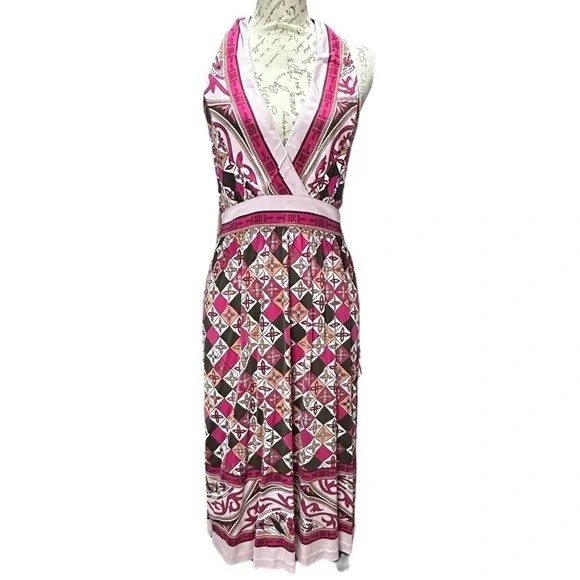 Tory Burch Silk Pink & Multi Color Halter Dress Size Large