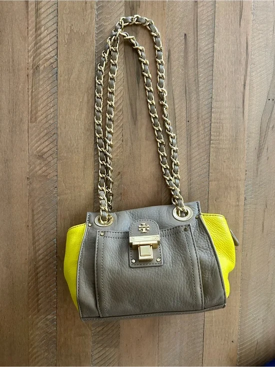 Tory Burch Two-Tone Leather Shoulder Bag in Taupe & Yellow