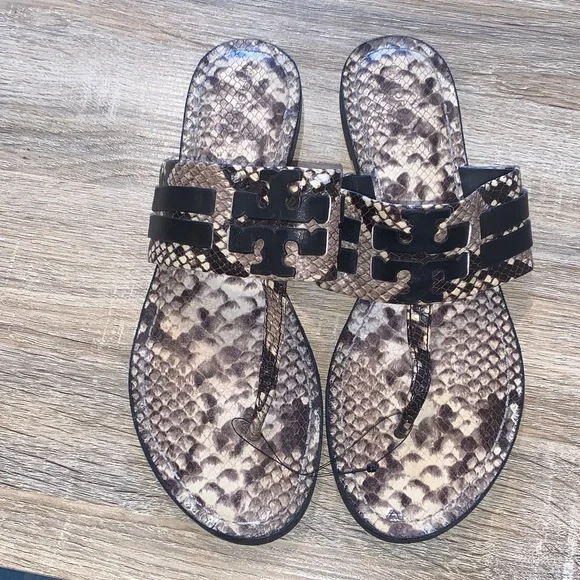 Tory Burch Snake Print Leather Thong Sandals with Black Logo Accent