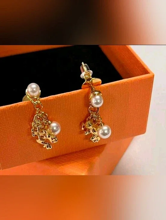 Tory Burch Style Gold-Plated Pearl  Frog Charm Drop Earrings - Used
