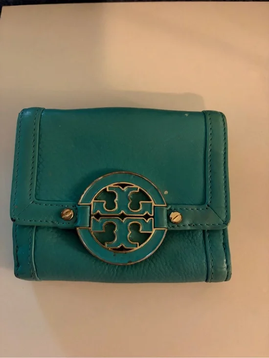 Tory Burch Teal Leather Compact Wallet with Gold Logo