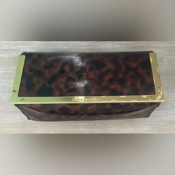 TORY BURCH brown cheetah leopard print EYEGLASS / SUNGLASS CASE w/ gold trim