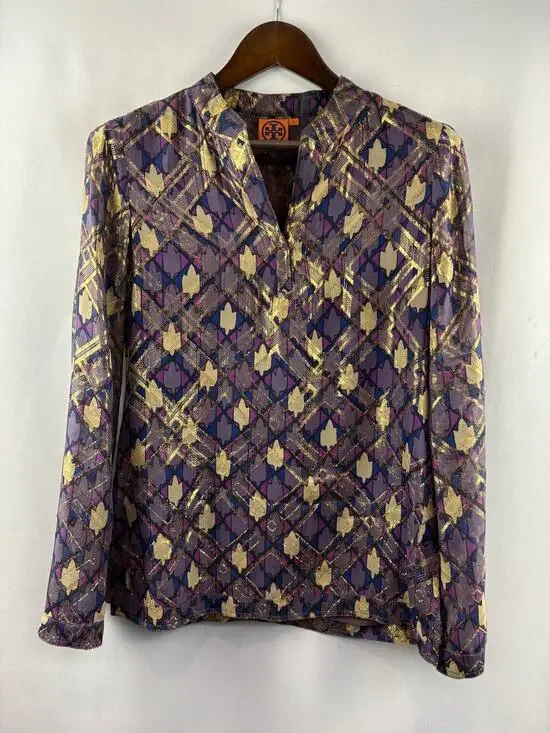 Women’s Tory Burch Size 8 Metallic Multicolor Pattern Blouse