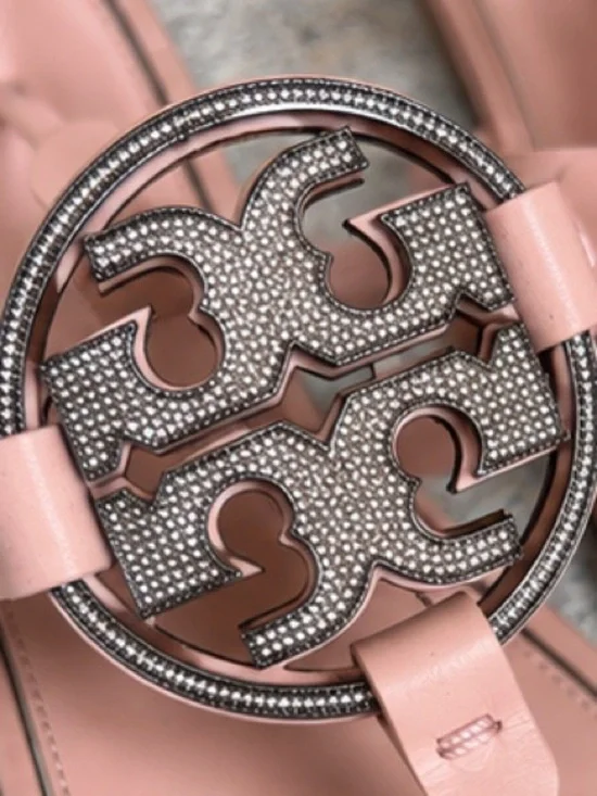 Tory Burch Miller Pavé Logo Thong Sandals Blush Pink Crystal Leather Size 10