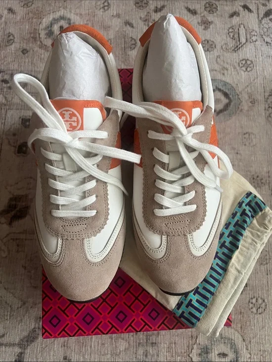 Tory Burch Hank Ivory Orange Tan Black Leather Sneakers