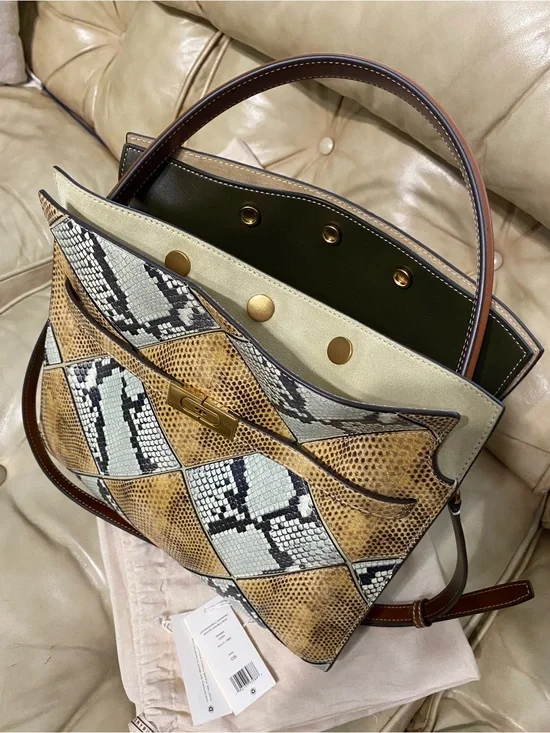 LKNW Tory Burch Lee Radziwill Large Double Bag Leather Snake Python Green Beige