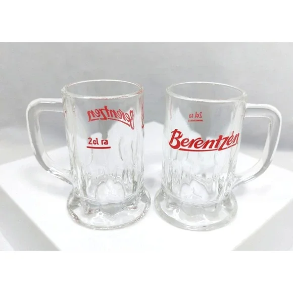(2) Vintage Berentzen Liqueurs‎ German Shot Glasses w/Handle Red Graphic