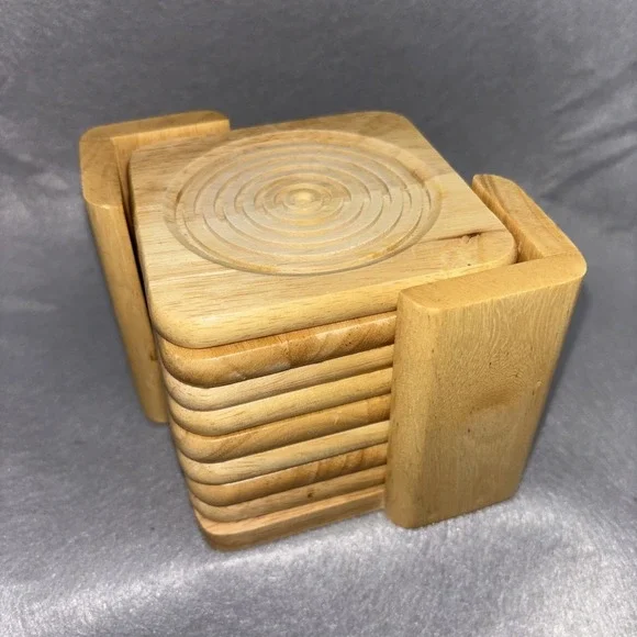 Vintage Light Blonde Oak Drink Coaster Set W/Stand 8pc Cut Circles 80s‎ Thailand