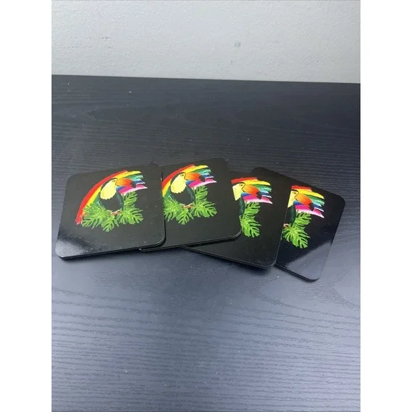 Toucan Coasters Set of 4 Black Rainbow Tropical‎ Bird Drink Coasters