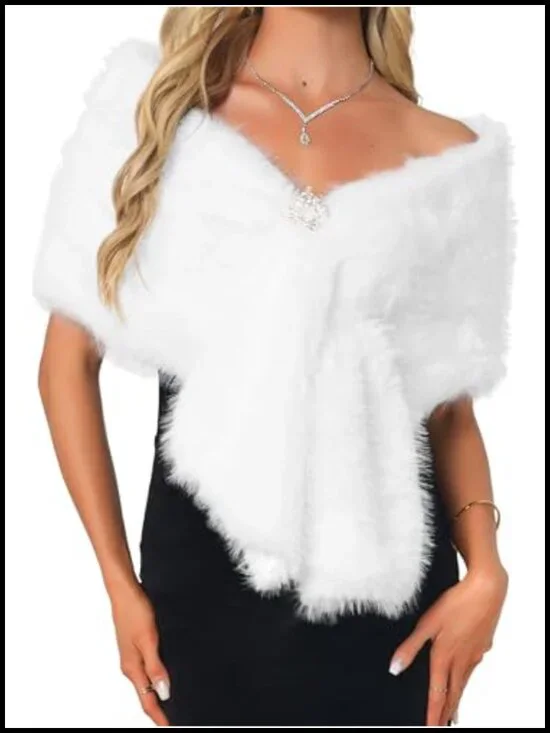 Faux Fur Shawl Wrap Wedding Bridal Winter Cape Stole with Rhinestone Brooch