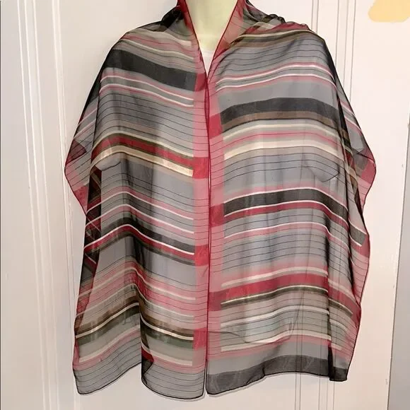 Vintage Red, Black, Green, Tan & Cream Semi Sheer‎ Striped Polyester Scarf