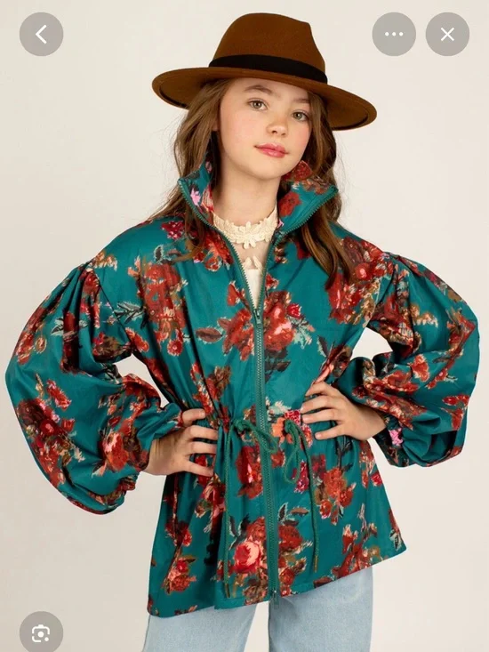 Joyfolie Teal Floral Zip Drawstring Jacket