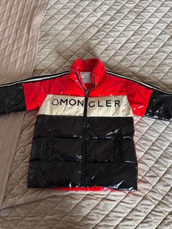 Moncler Kids Colorblock Glossy Puffer Jacket in Red, Black & Cream
