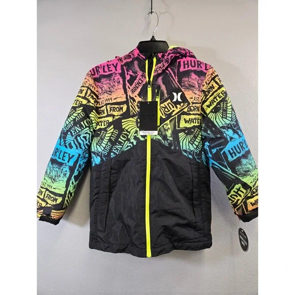 Hurley Neon Graffiti Graphic Fleece Lined Hooded Puffer Jacket Size Medium