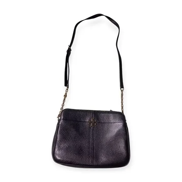 Tory Burch‎ Pebbled Leather Black Crossbody Ivy w/ Gold Chain Accents
