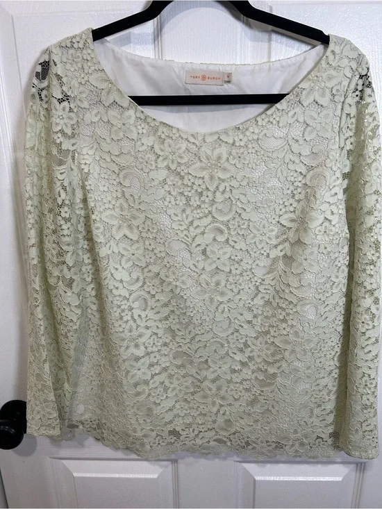 Tory Burch Pale Green Lace Long Sleeve Top