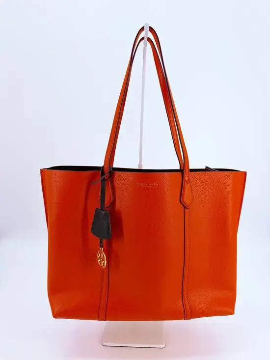 Tory Burch Perry Orange Pebbled Leather Triple Compartment Tote Shoulder Bag