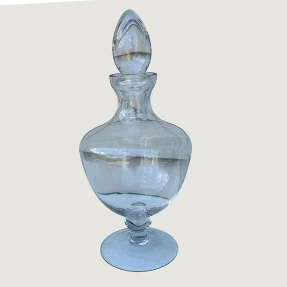 Vintage Tall Clear Hand Blown Glass Footed Decanter with Teardrop Stopper 14.5in