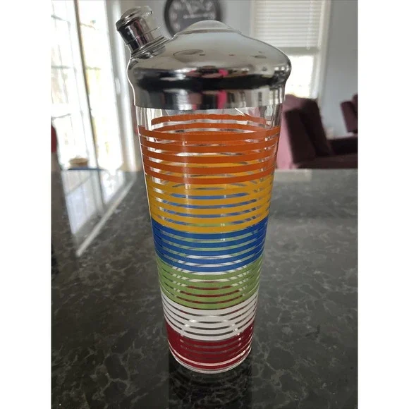 Vintage Rainbow Striped Glass Cocktail Shaker Chrome Lid MCM Retro Colorful