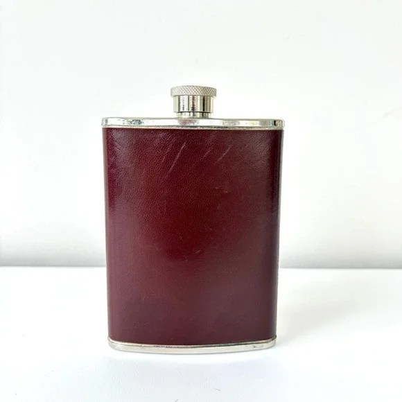 Vintage 6oz Stainless Steel Hip Flask Burgundy Leatherette Wrap Pocket Barware