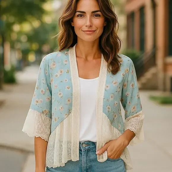 BCBGeneration Women's Blue Lacey Floral Boho Shawl Cape Bohemian Kimono Wrap